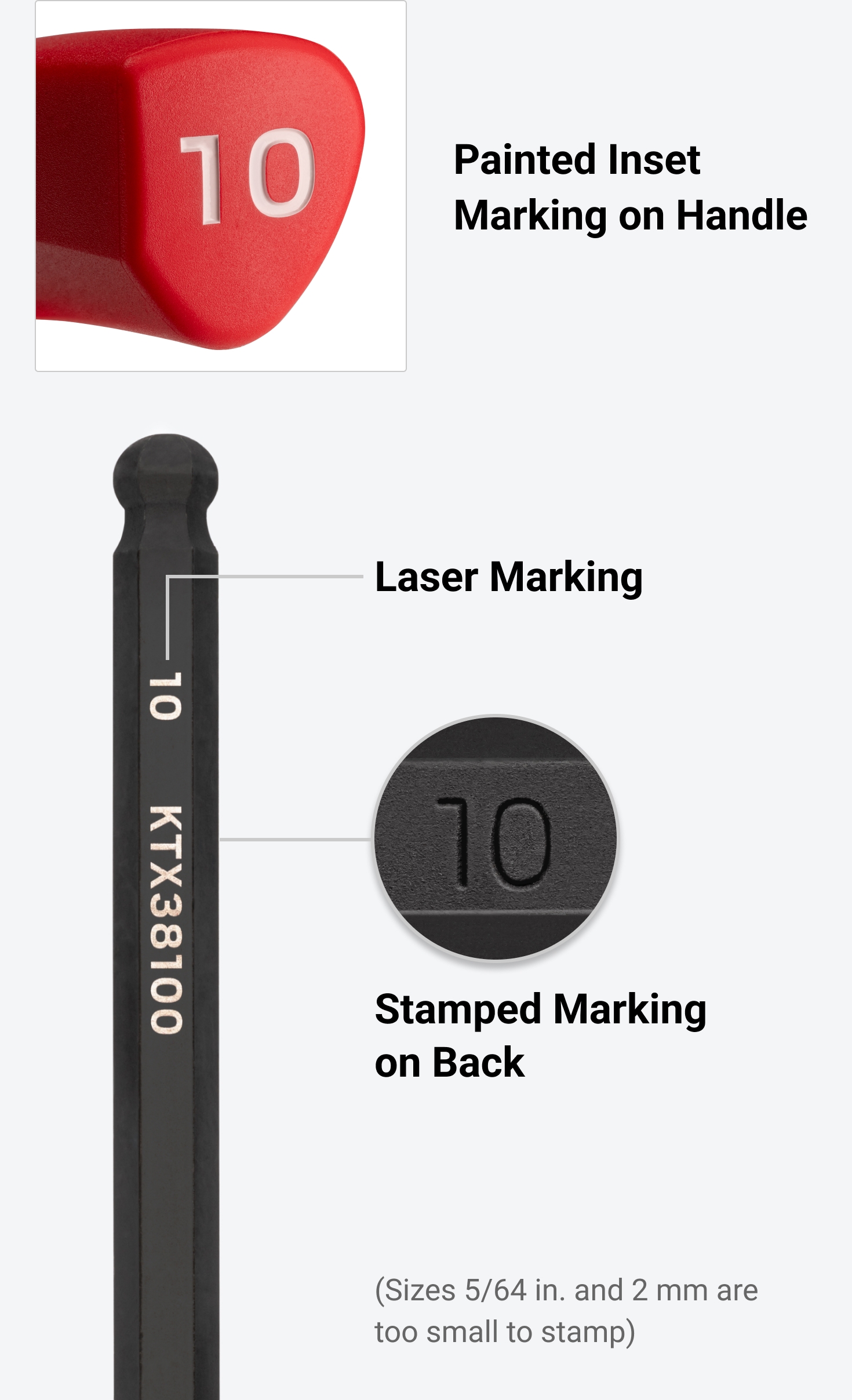 Tekton's T-handle ball end hex key with painted inset marking, laser marking, and stamped sizes