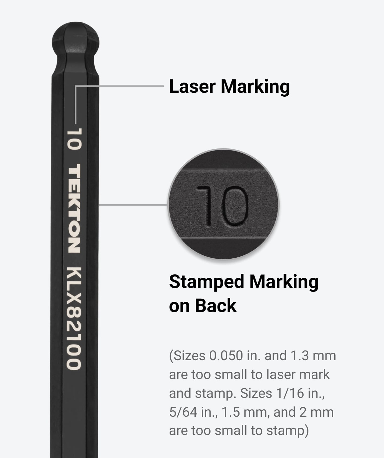 Tekton's ball end hex key with laser marking and stamped sizes