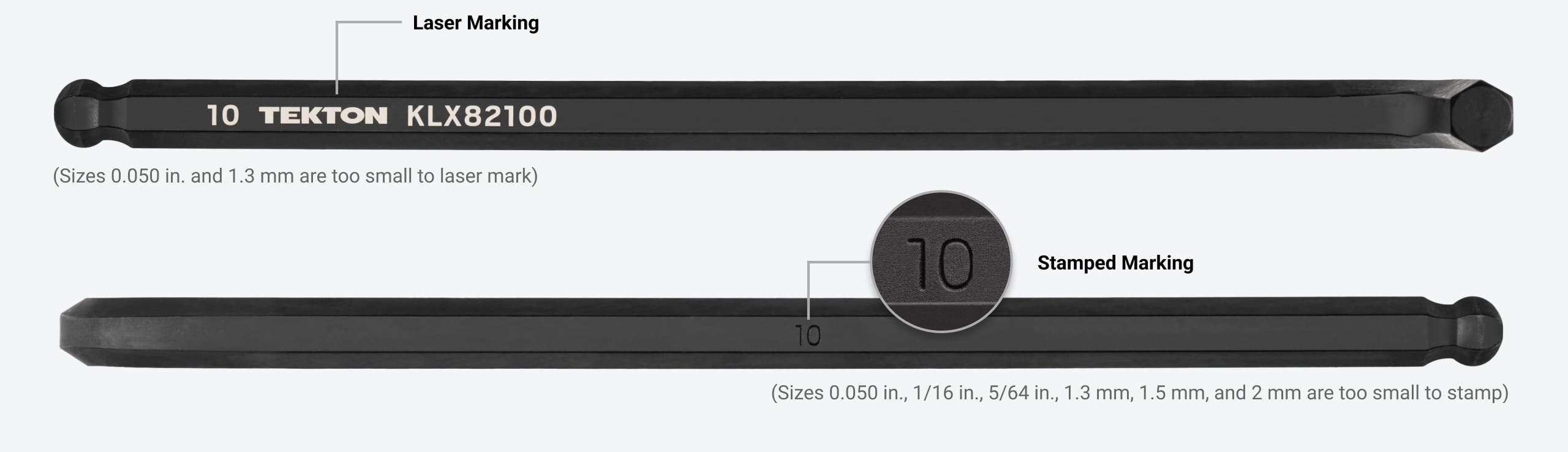 Tekton's ball end hex key with laser marking and stamped sizes