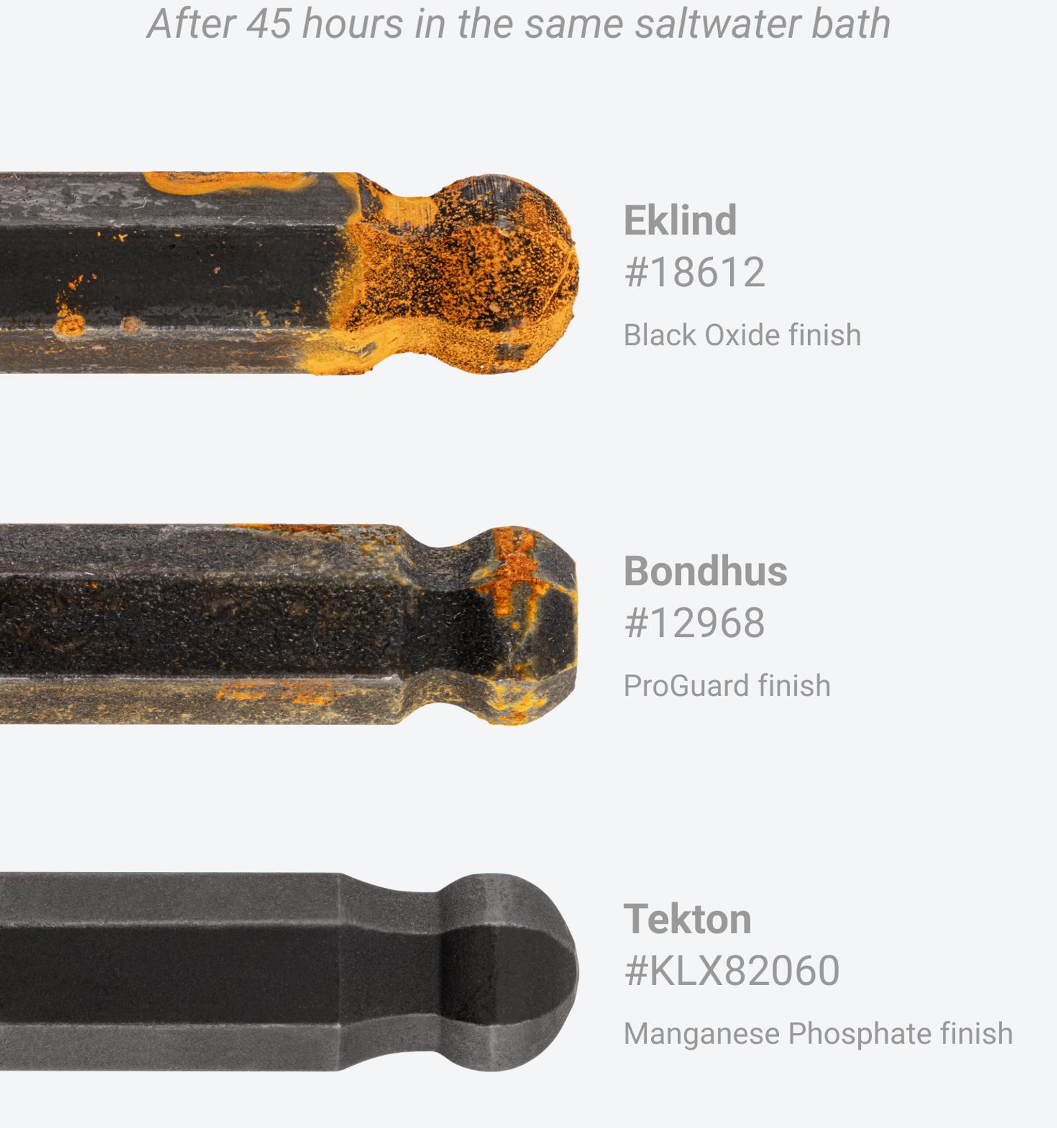 Corroded Eklind and Bondhus ball end hex keys next to Tekton's Key with corrosion-resistant finish.
