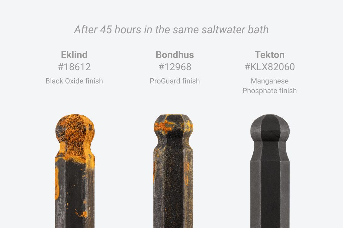 Corroded Eklind and Bondhus ball end hex keys next to Tekton's Key with corrosion-resistant finish.