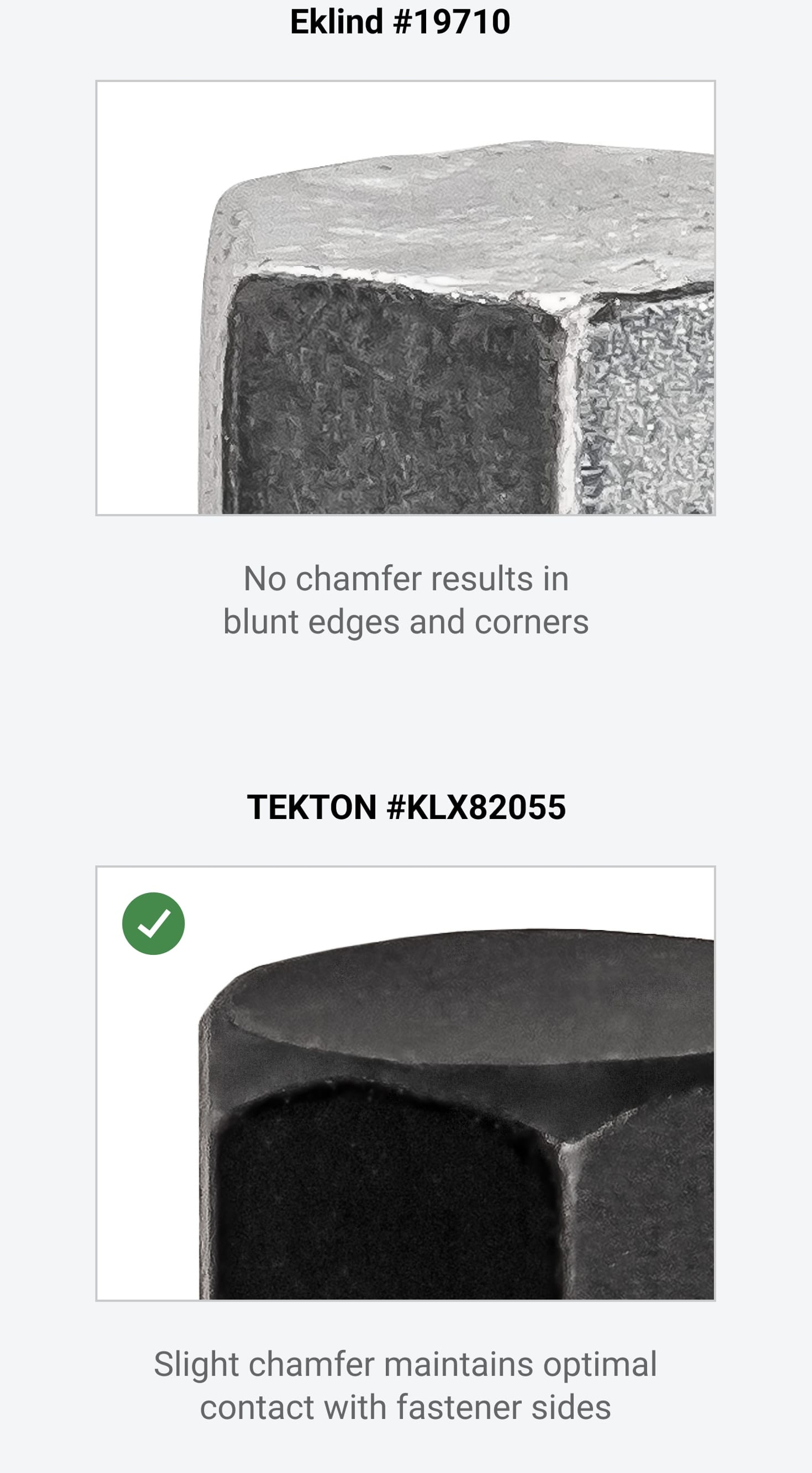 A closeup comparision of Tekton's hex key's chamfer edge with Eklind competitior hex key