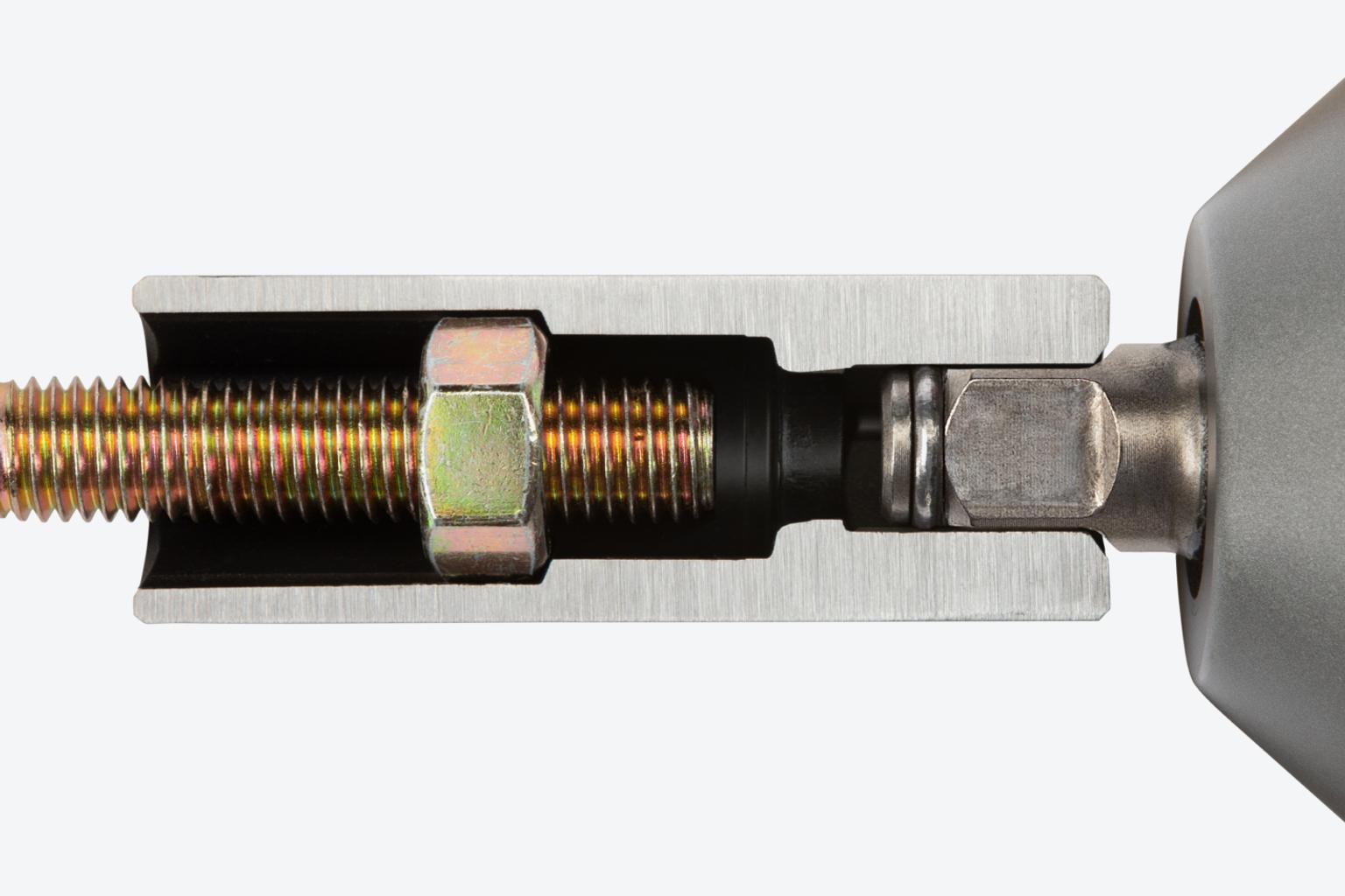 A cutaway view of a deep impact socket on a fitting, showing the full-length socket well.