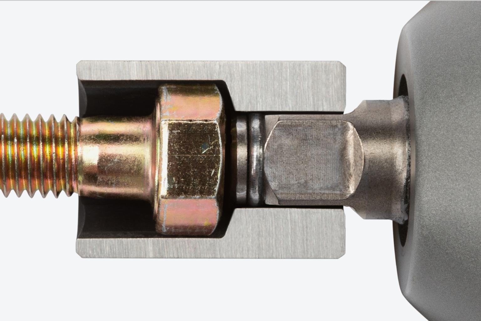 A cutaway view of a standard length impact socket on a fitting, showing the full-length socket well.
