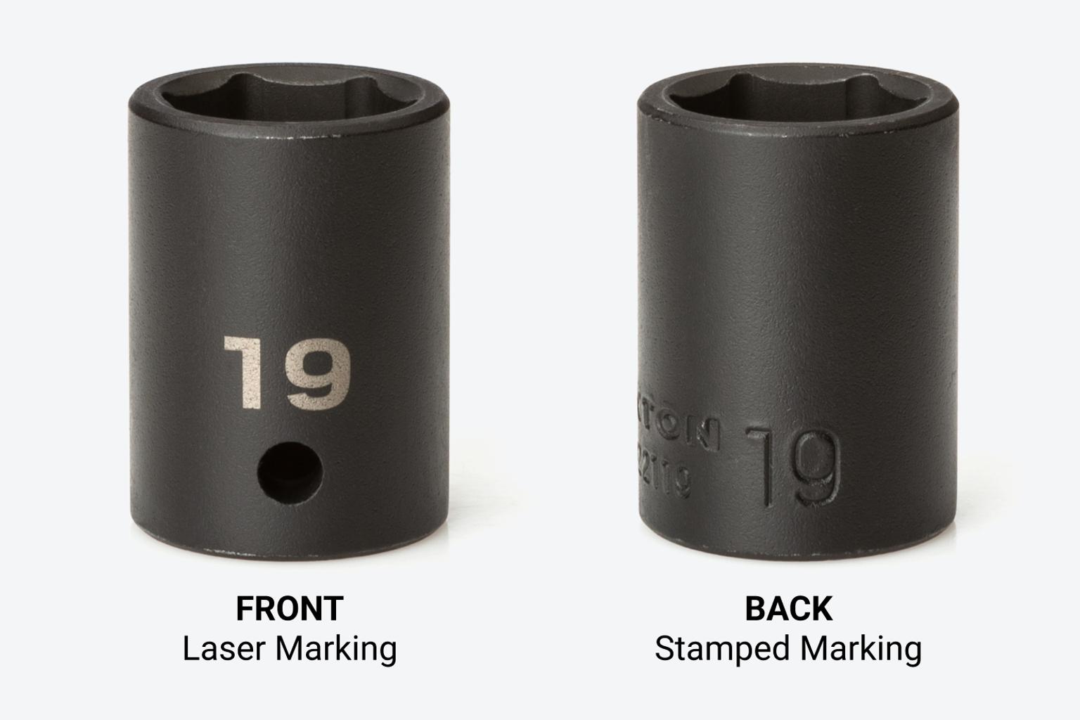 The front of the socket has a laser marking, the back has a stamped marking.