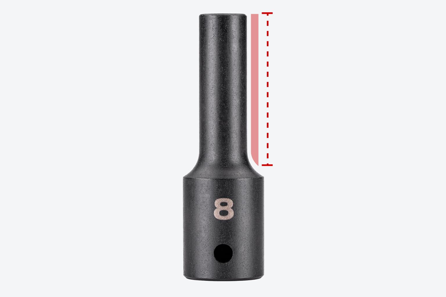 A line next to an 8 mm impact socket showing the fully stepped shoulders.