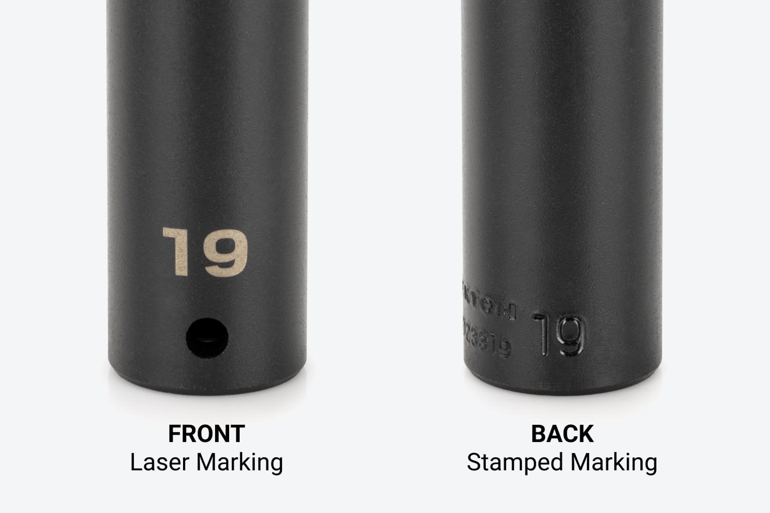 The front of the socket has a laser marking, the back has a stamped marking.
