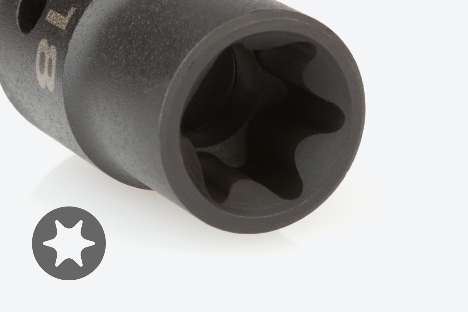 Close-up of the external star opening of an E18 external star impact socket #SID22418.