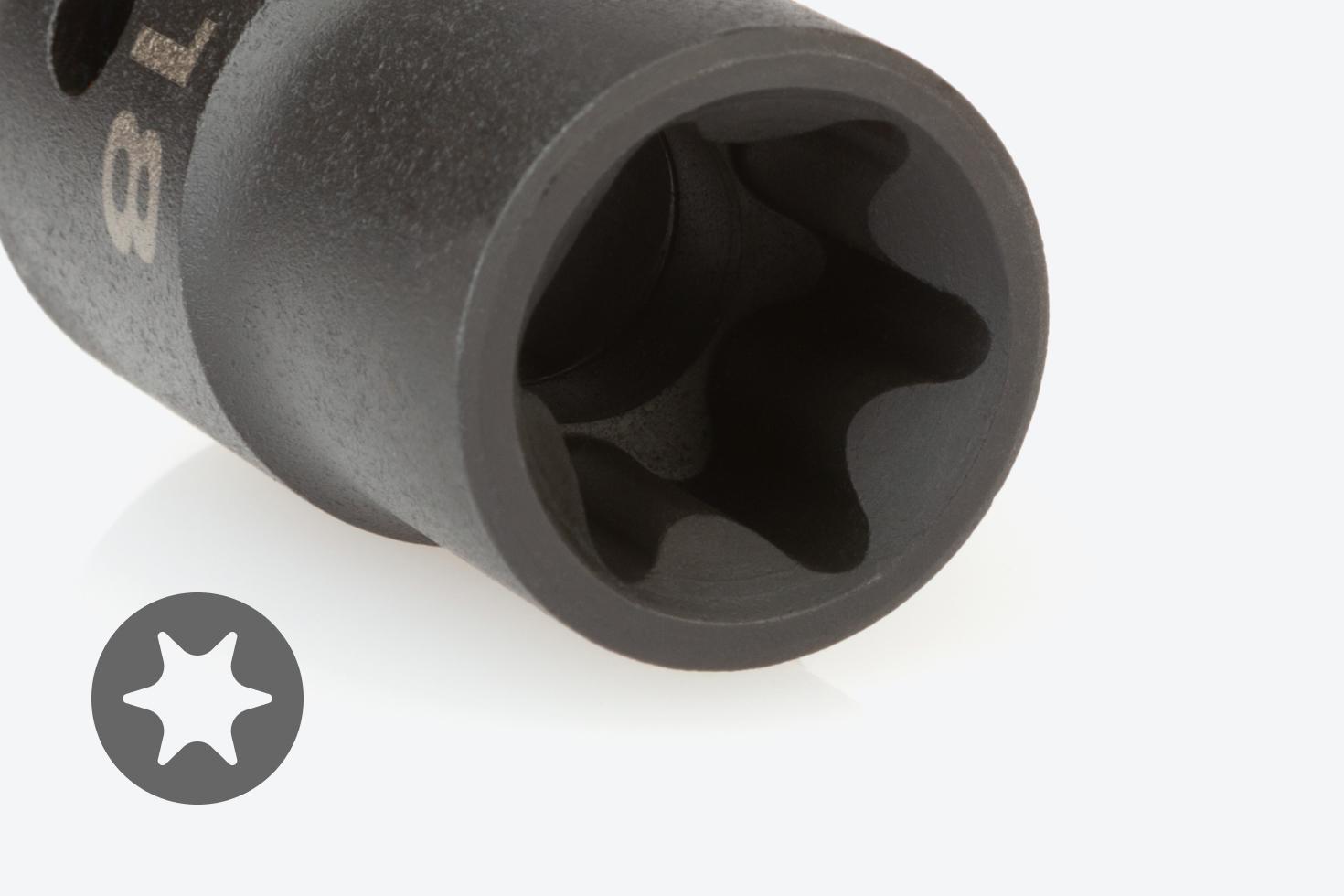 Close-up of the external star opening of an E18 external star impact socket #SID22418.