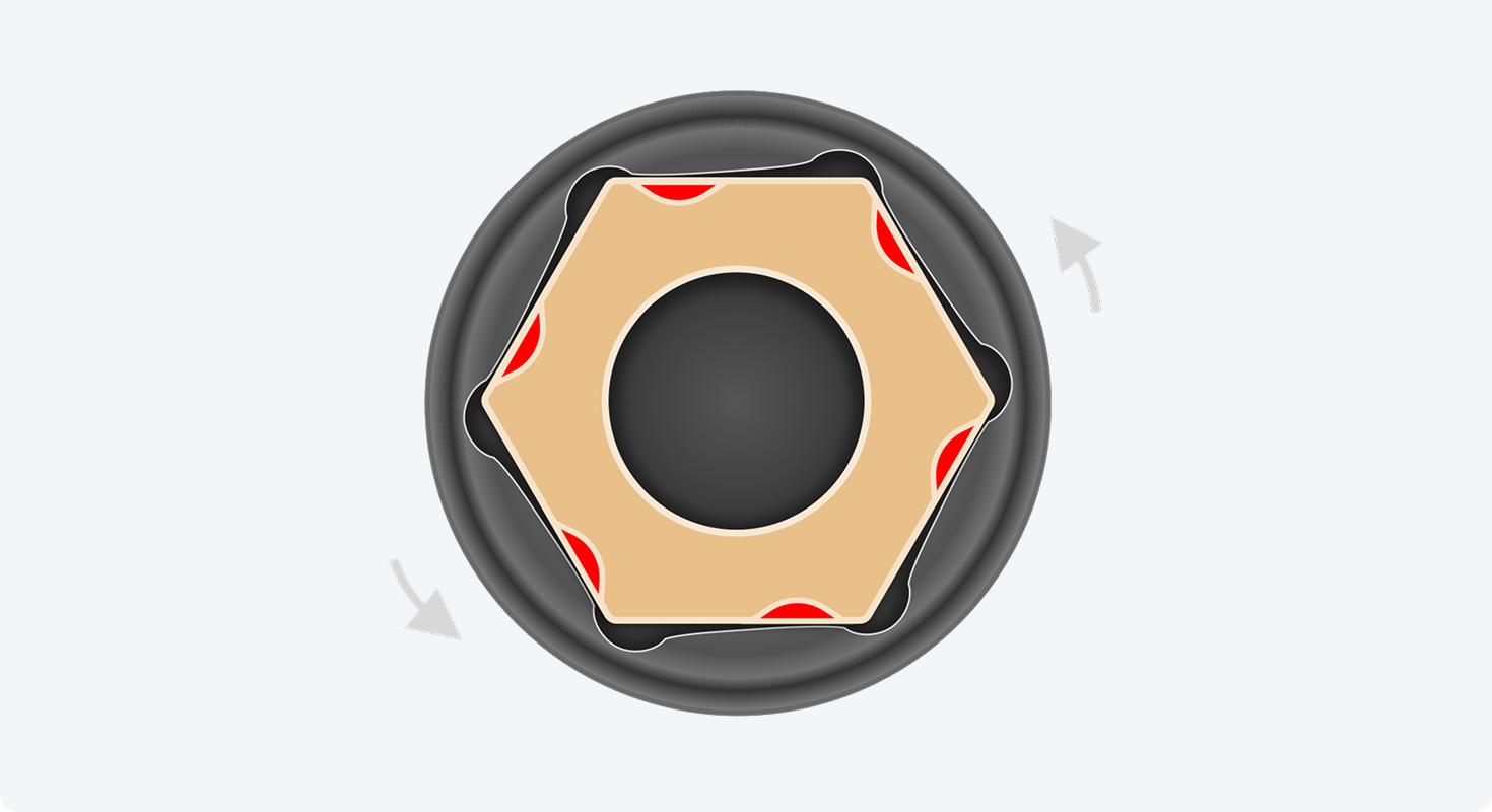Graphic showing the radiused corners on an impact socket