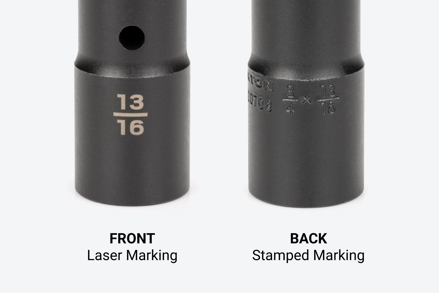 The front of the socket has a laser-marked size marking, and the back has a stamped size marking