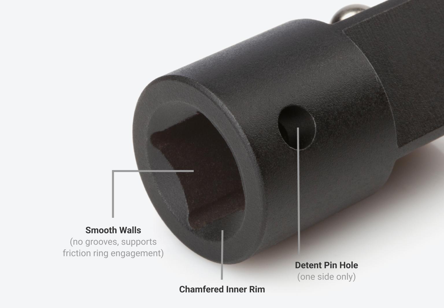 Smooth walls support friction ring engagement, and detent pin hole supports use with detent pin anvil.