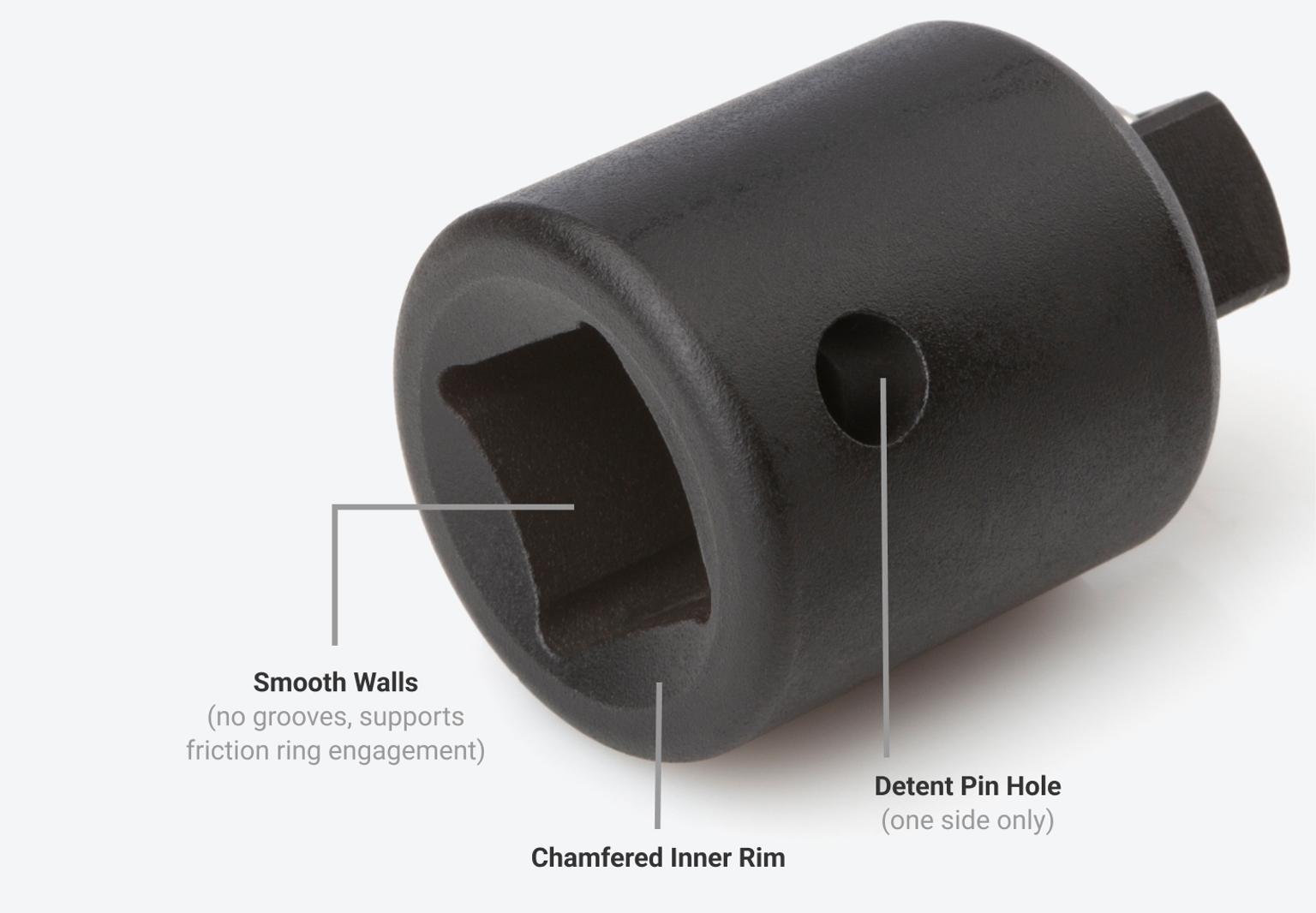 Smooth walls support friction ring engagement, and detent pin hole supports use with detent pin anvil.