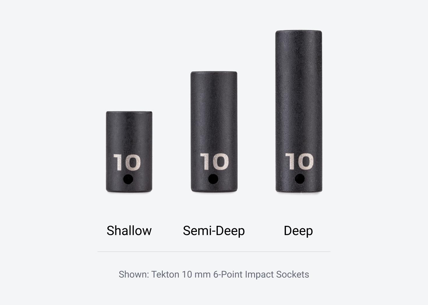 Graphic showing Tekton 10 mm 6-Point Impact Drive Sockets in shallow, semi-deep, and deep lengths