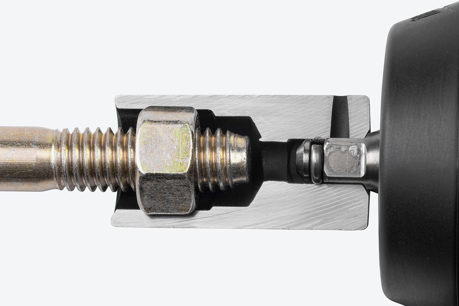A semi-deep 6-point impact socket cut in half to show the full-length socket well