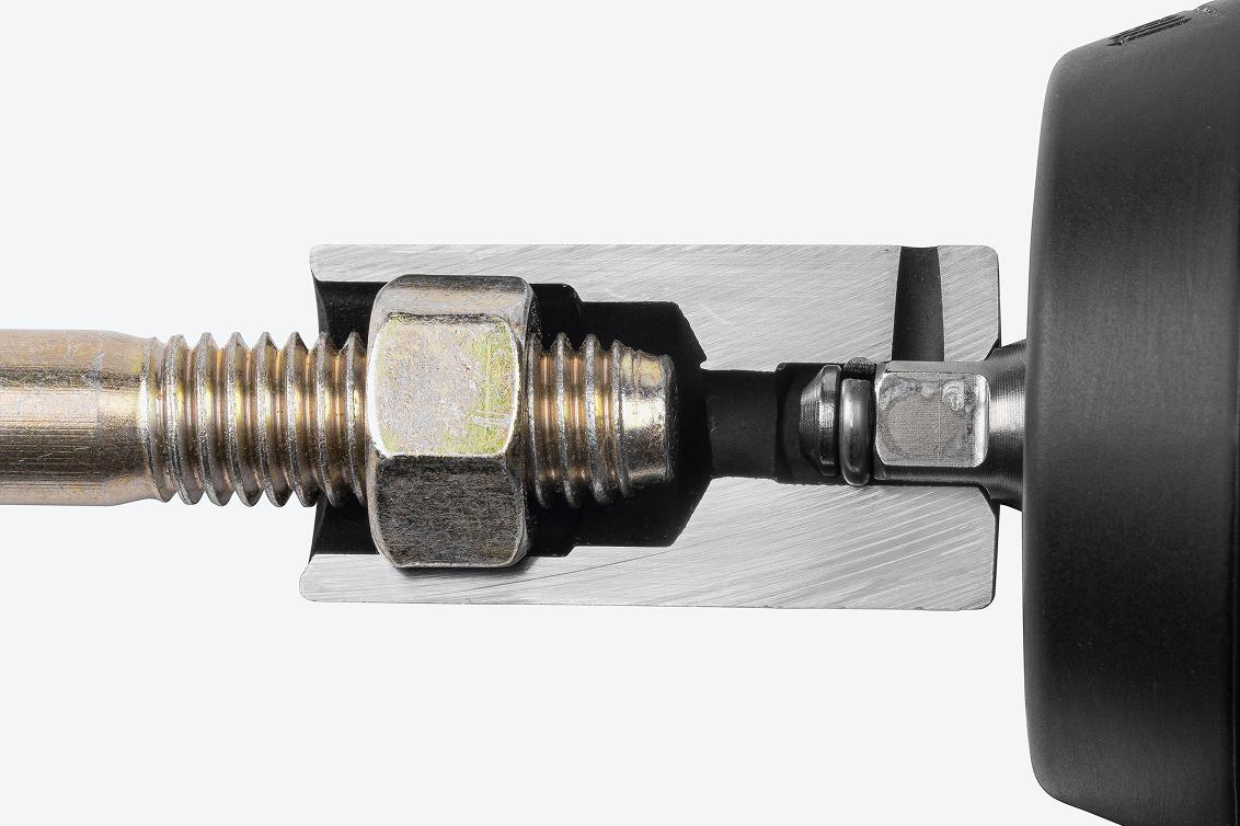 A semi-deep 6-point impact socket cut in half to show the full-length socket well
