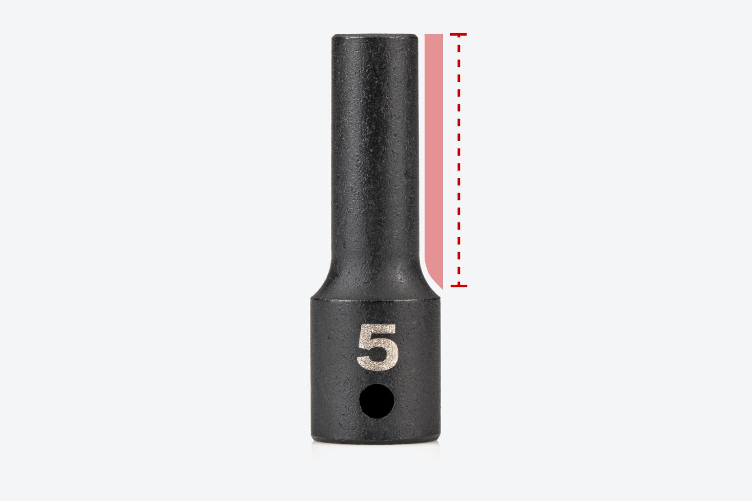 A line next to a 5 mm impact socket showing the fully stepped shoulders.