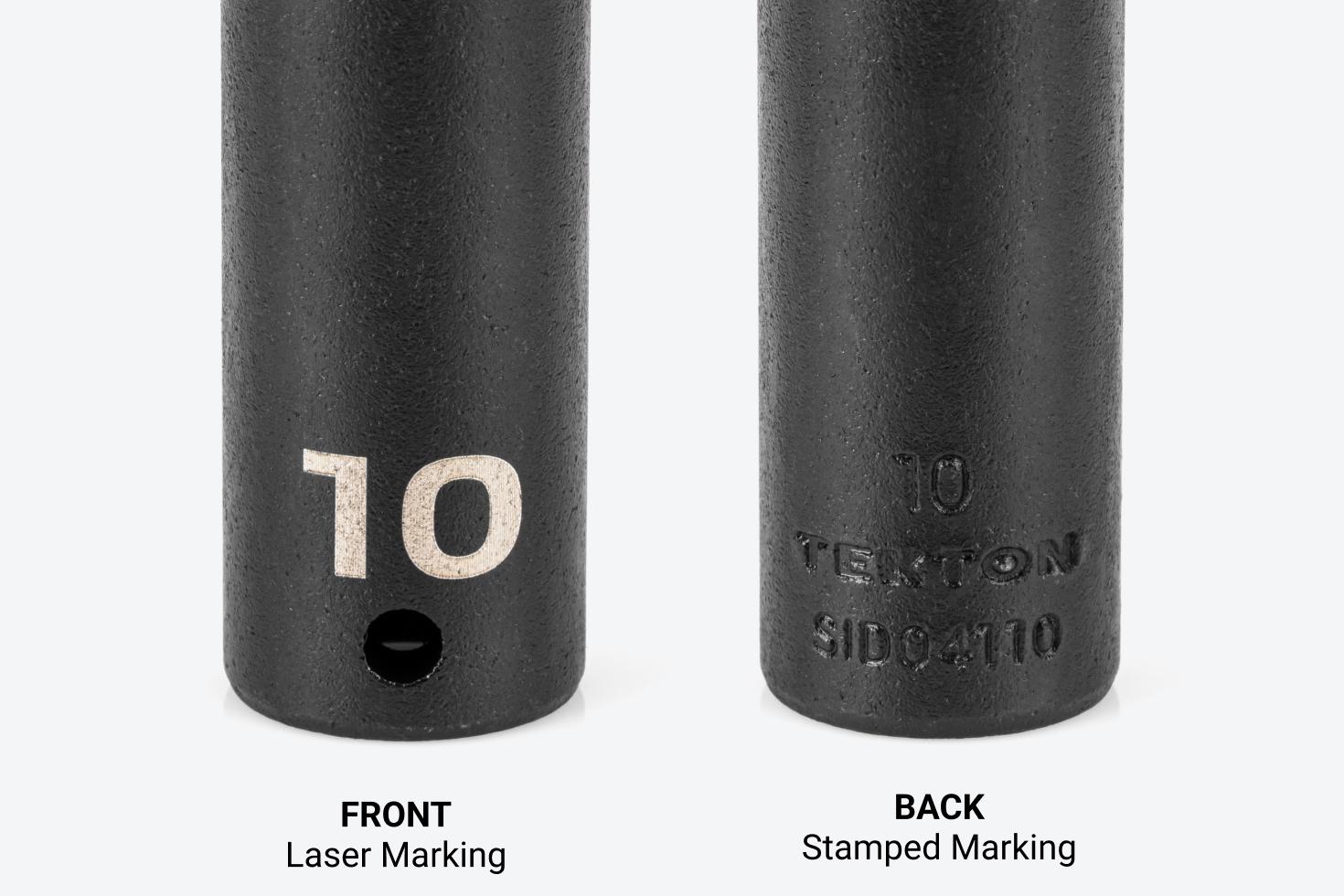 Images of the front and back of a 10 mm impact socket, showing the laser marking on the front and the stamped marking on the back