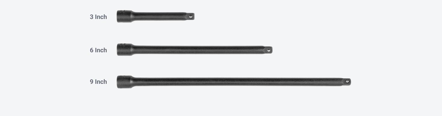 Tekton 1/4 inch drive impact extensions are available in 3 inch, 6 inch, and 9 inch lengths.