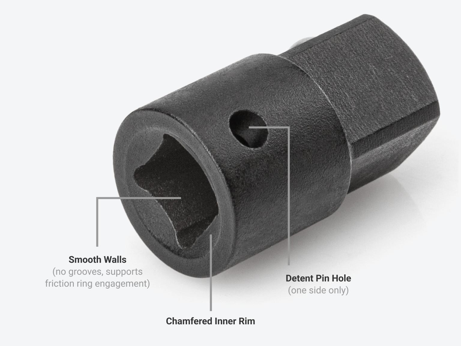 Smooth walls support friction ring engagement, and detent pin hole supports use with detent pin anvil.