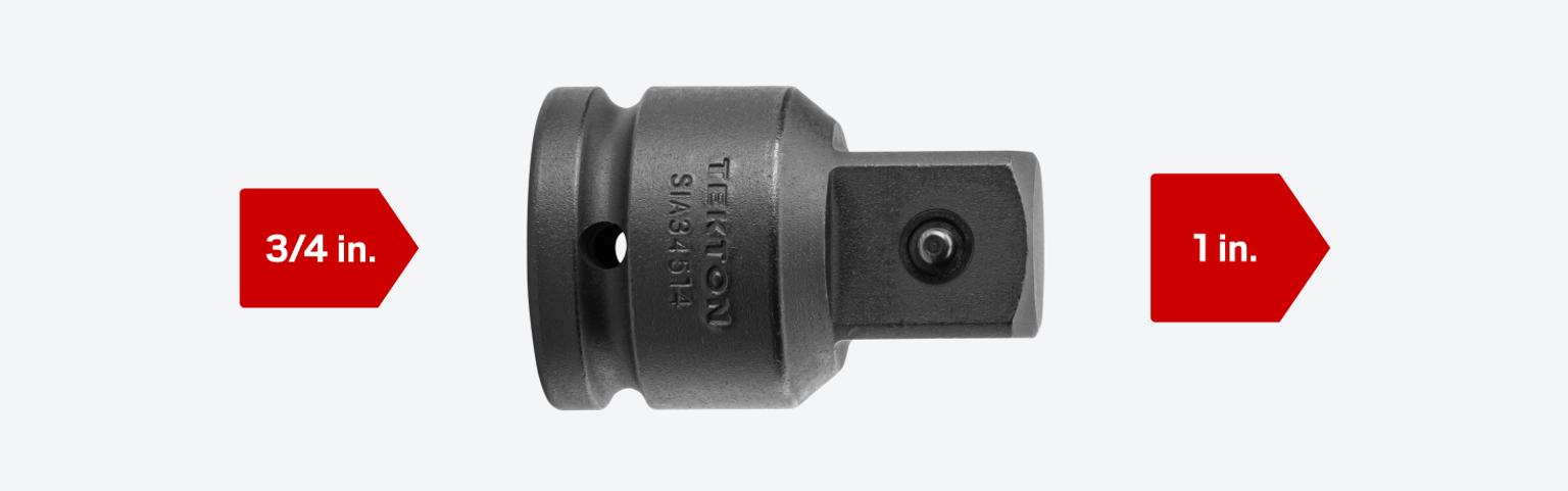 Tekton #SIA34514 impact adapter adapts 3/4 inch drive tools to 1 inch drive sockets.