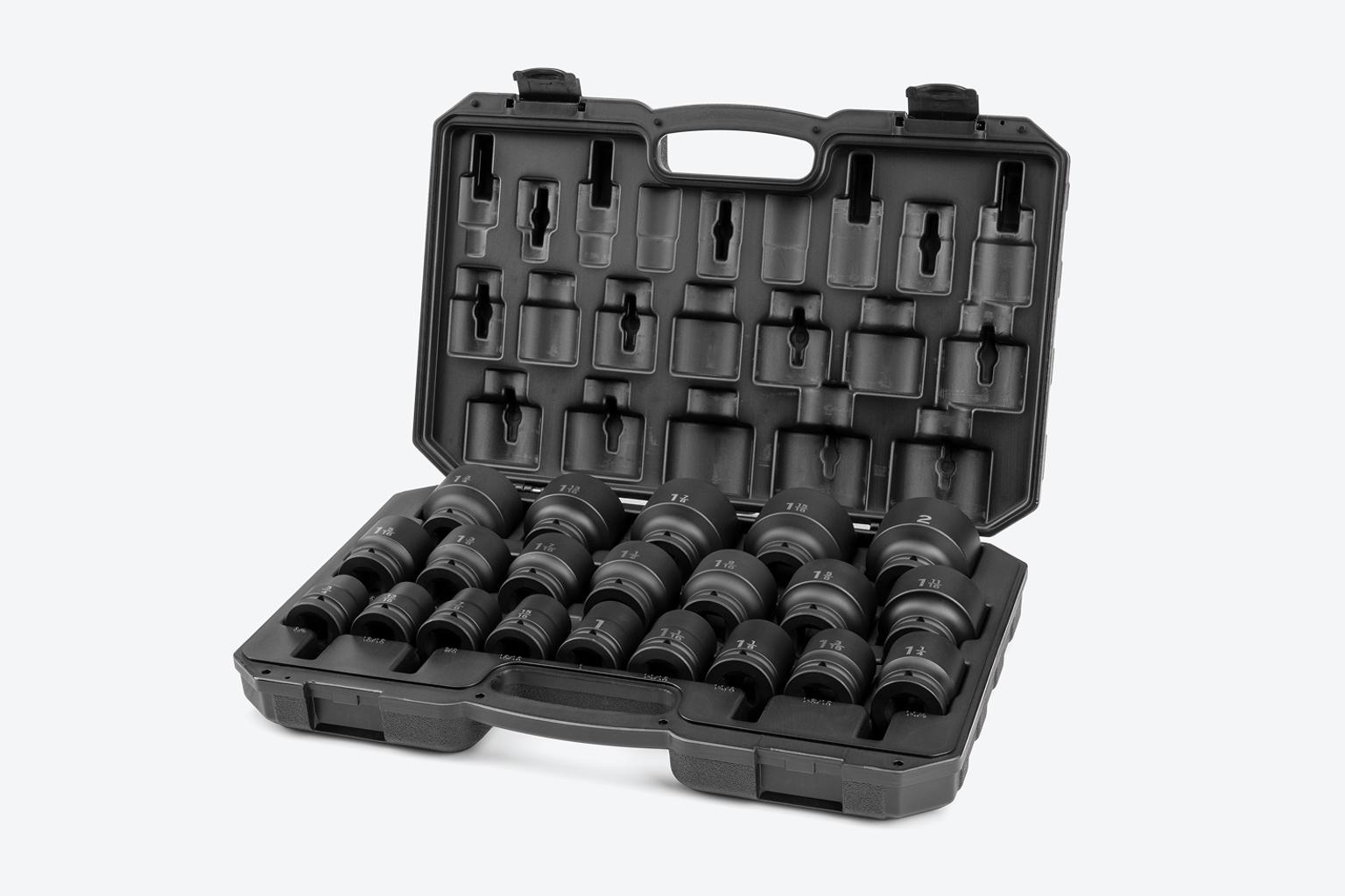 Tekton #SID93301 impact socket set in an open case a light gray background.