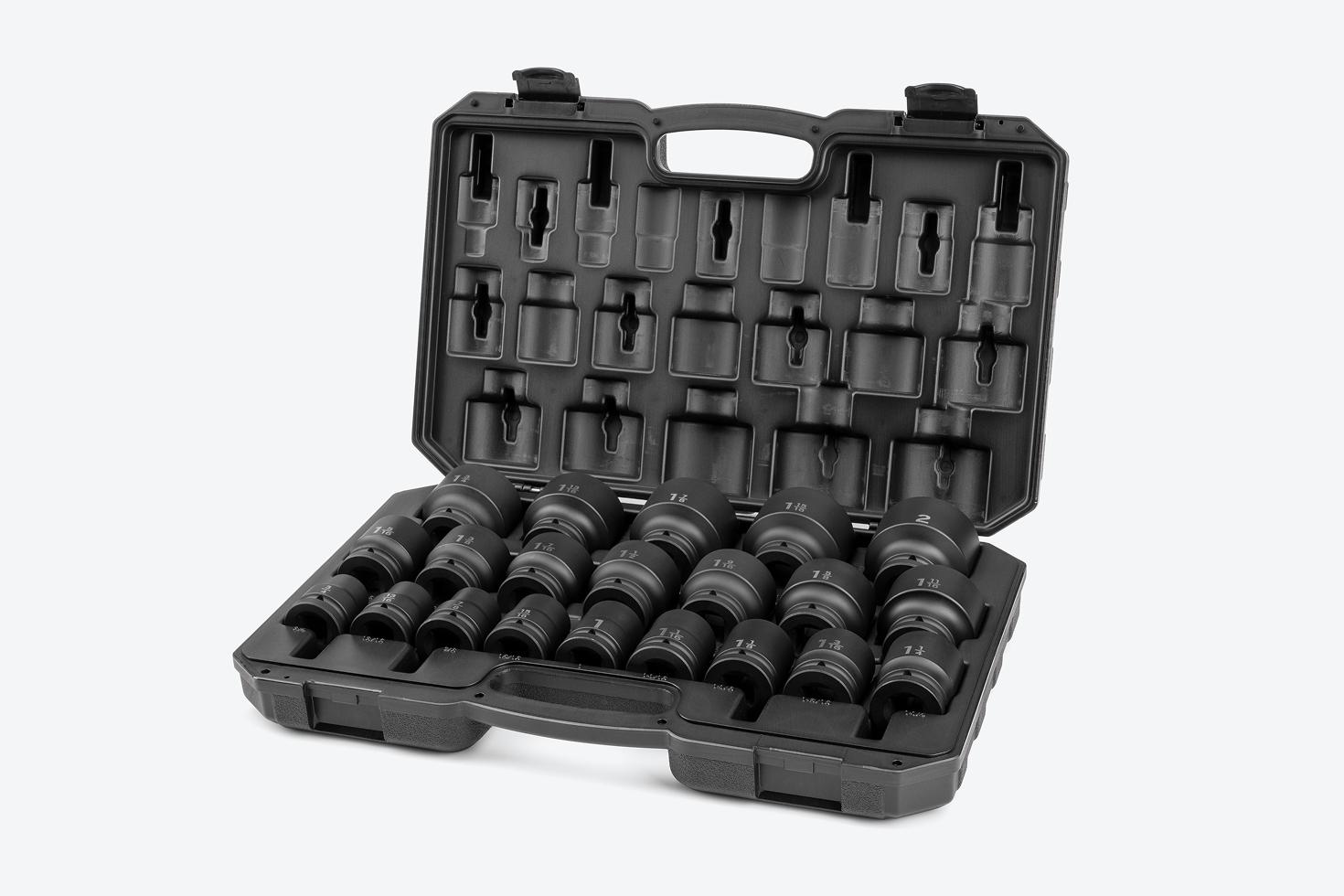 Tekton #SID93301 impact socket set in an open case a light gray background.
