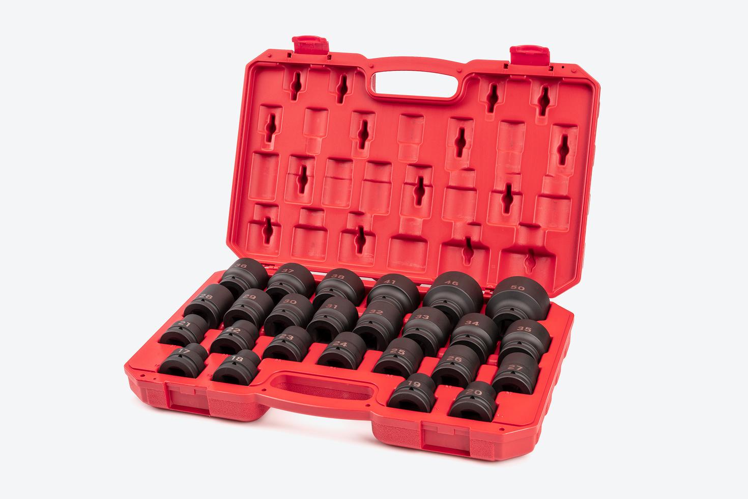 Tekton #SID93313 impact socket set in an open case a light gray background.