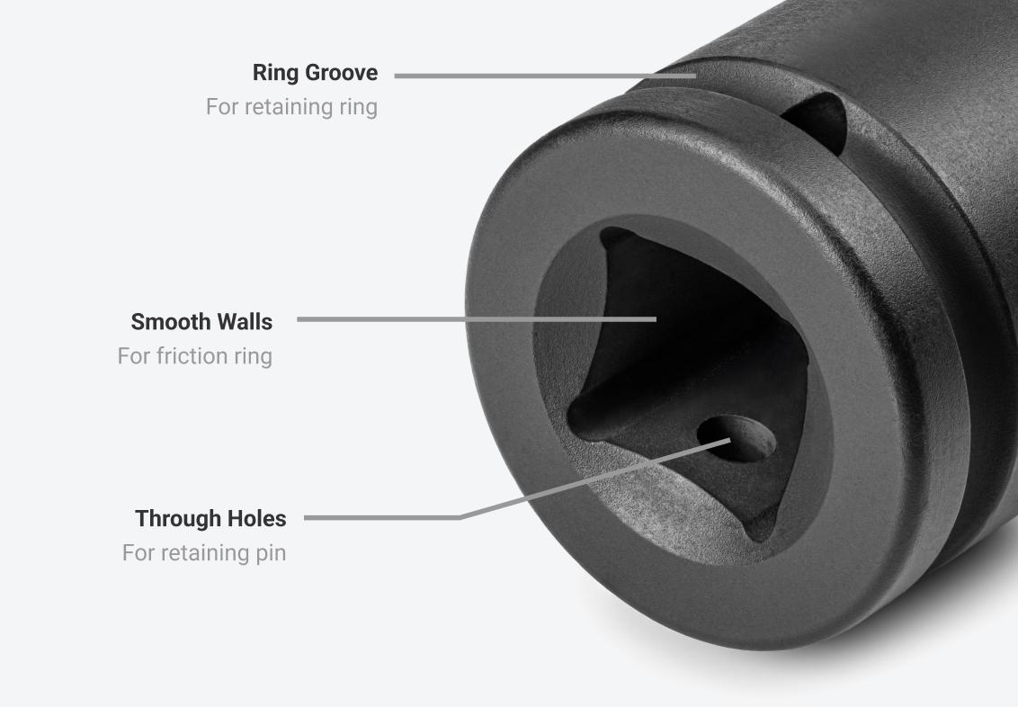 Ring groove supports retaining ring usage, smooth walls support friction ring, and through holes support retaining pin.