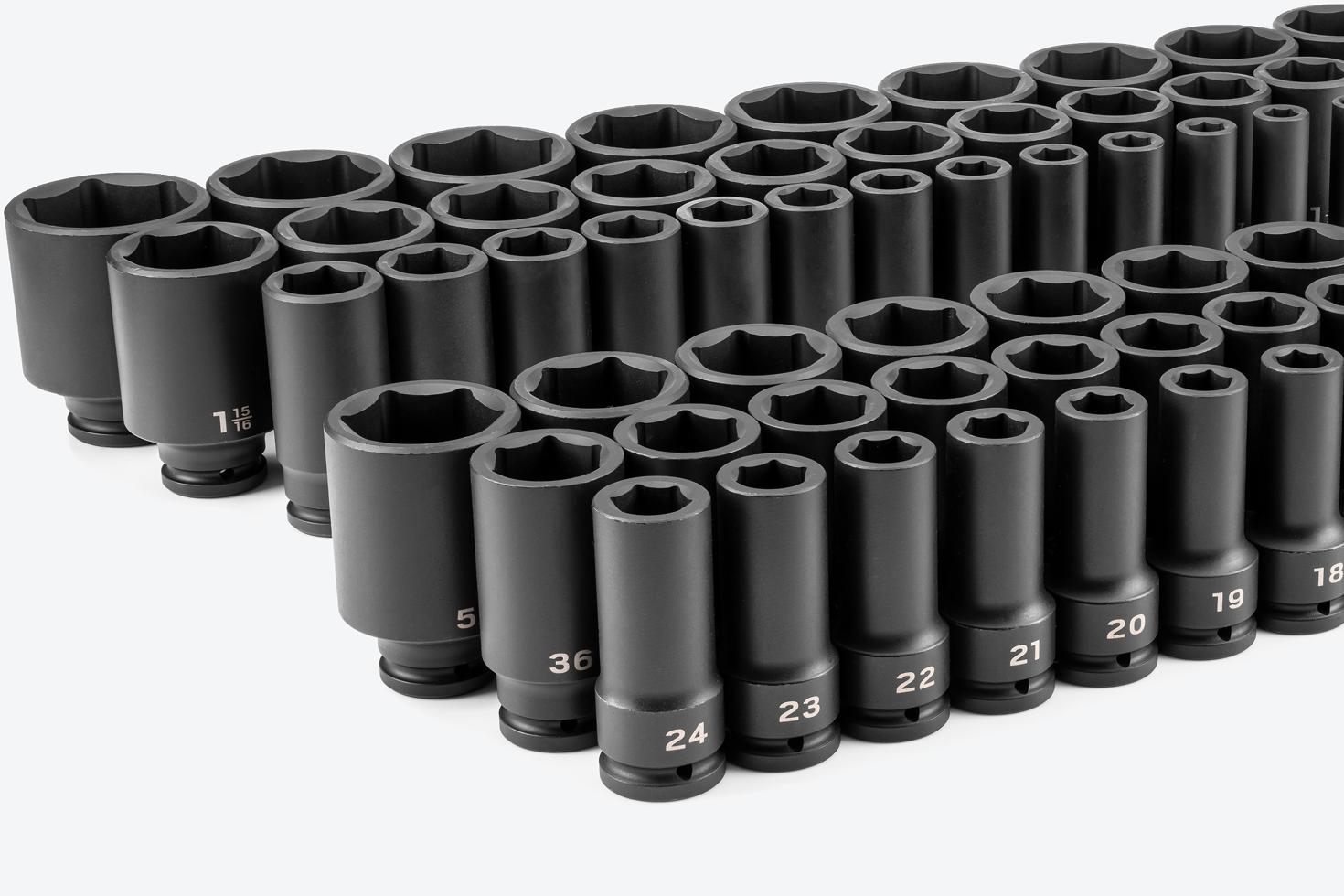 Inch and metric sizes of 3/4 inch drive deep impact sockets lined up next to each other.