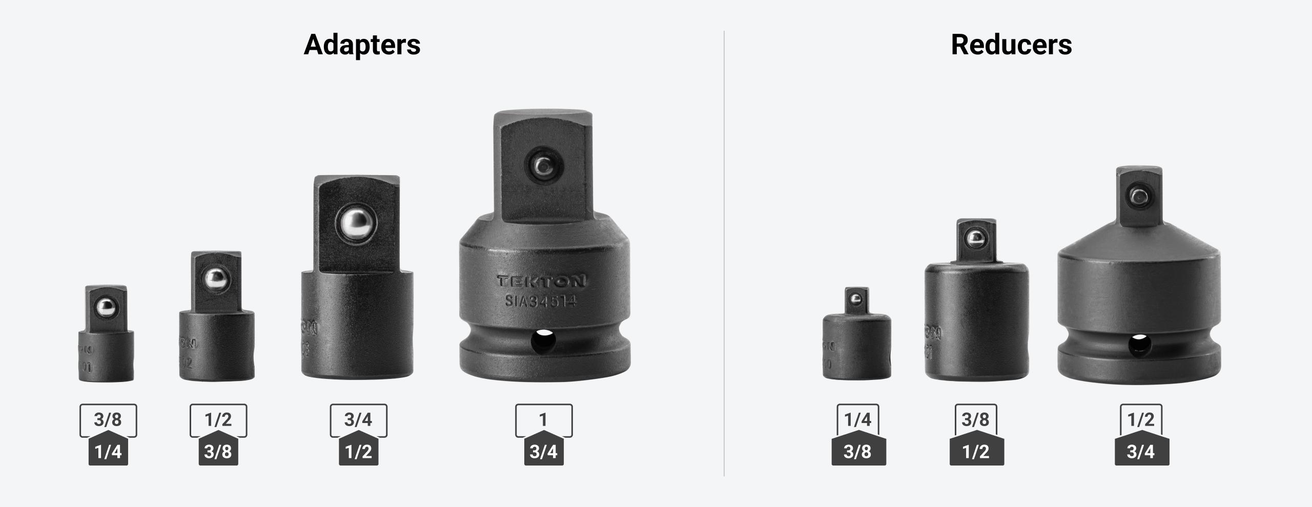 Tekton impact adapters (#SIA04101, #SIA14102, #SIA24103, and #SIA34514) and impact reducers (#SIA13100, #SIA23101, and #SIA33512) on a light gray background.