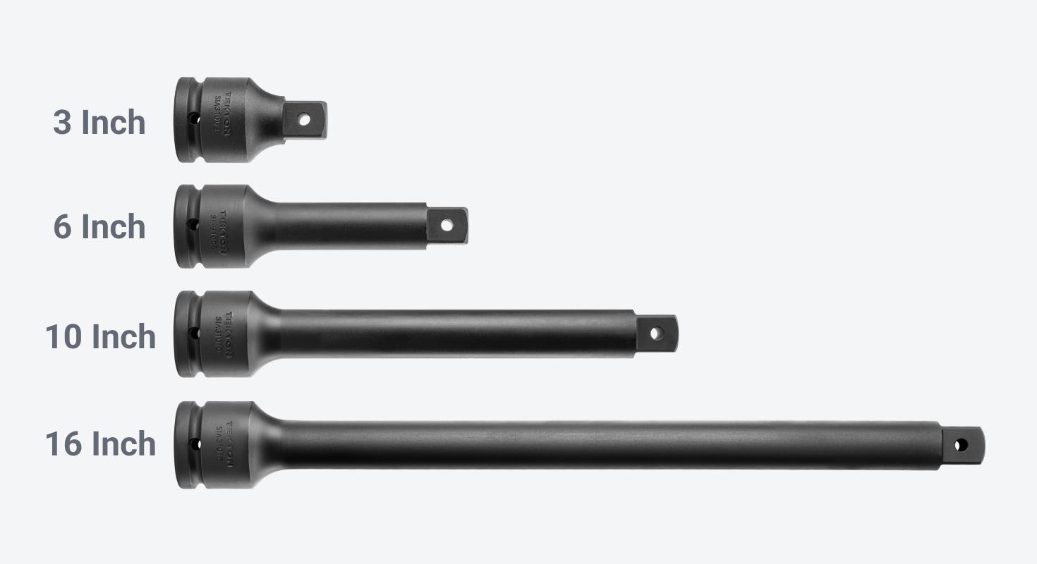 Tekton 3/4 inch drive impact extensions are available in 3 inch, 6 inch, 10 inch, and 16 inch lengths.