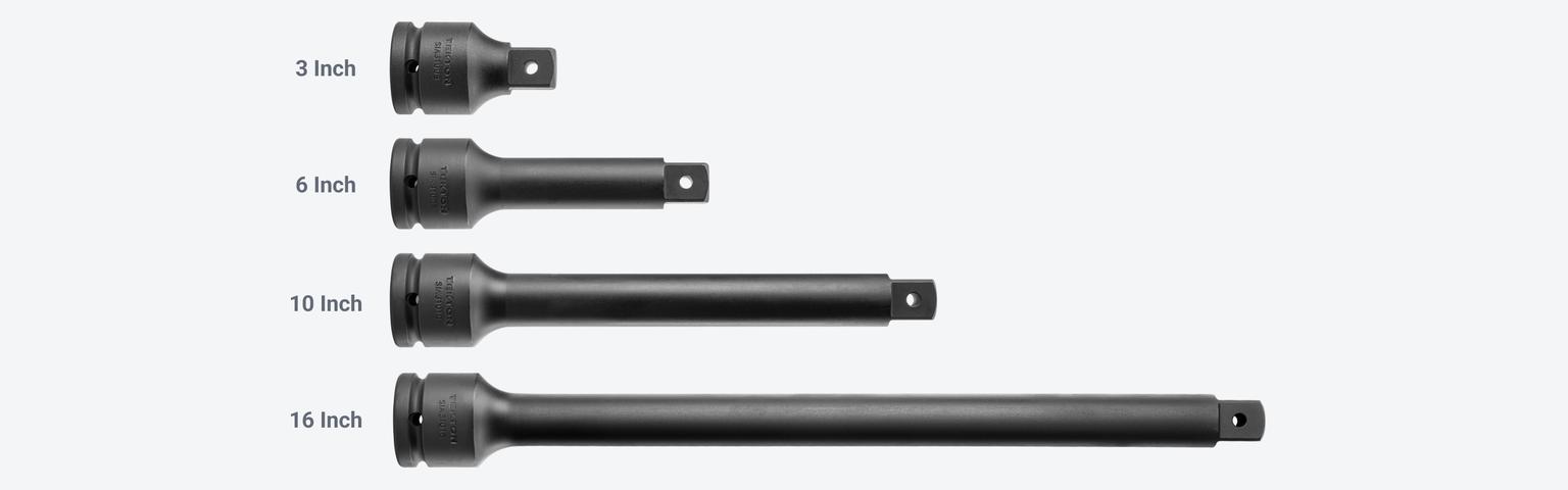 Tekton 3/4 inch drive impact extensions are available in 3 inch, 6 inch, 10 inch, and 16 inch lengths.