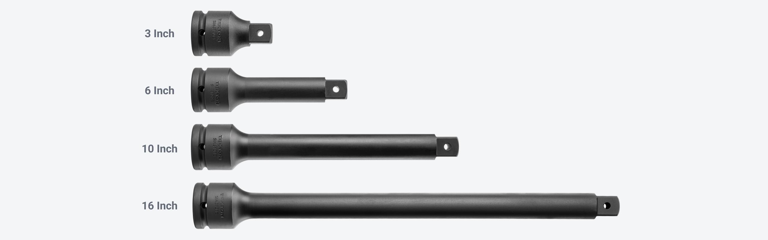 Tekton 3/4 inch drive impact extensions are available in 3 inch, 6 inch, 10 inch, and 16 inch lengths.
