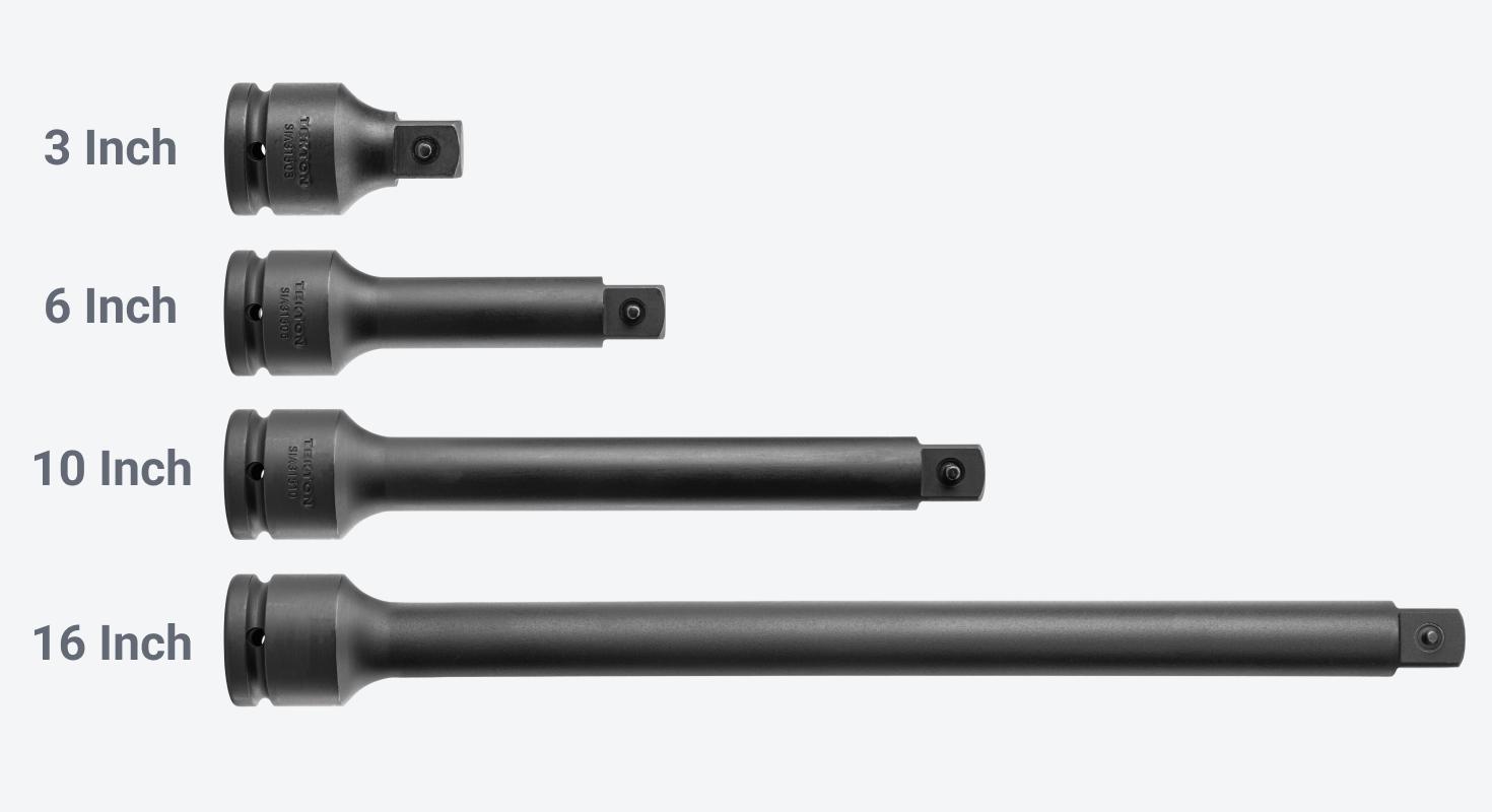 Tekton 3/4 inch drive impact extensions are available in 3 inch, 6 inch, 10 inch, and 16 inch lengths.
