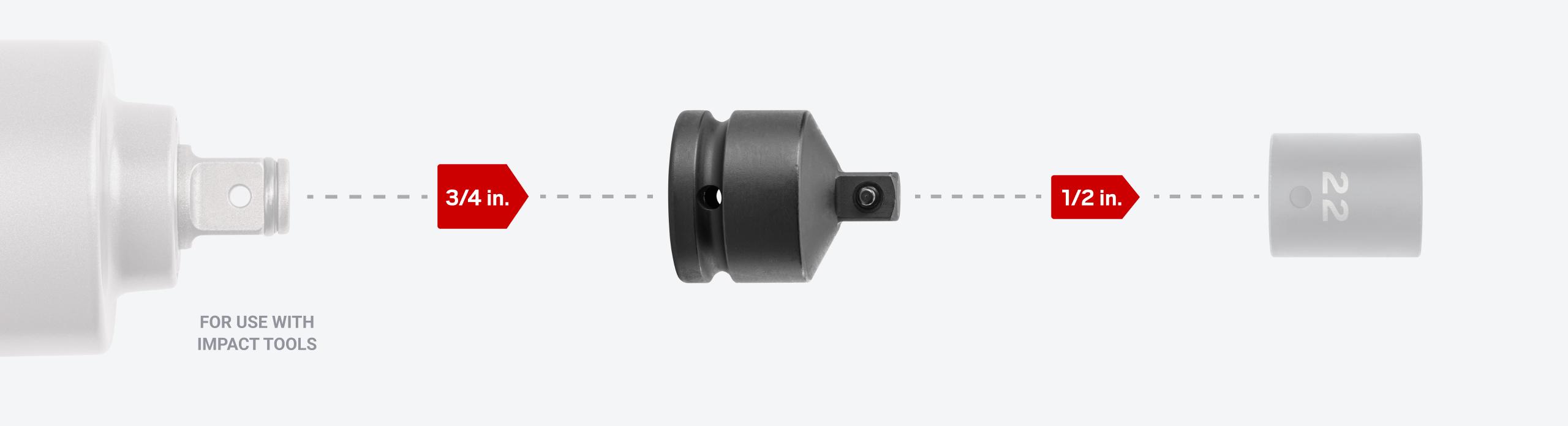 Attach the reducer to your 3/4 inch drive tools and connect it to 1/2 inch drive sockets. The reducer is for use with impact tools.