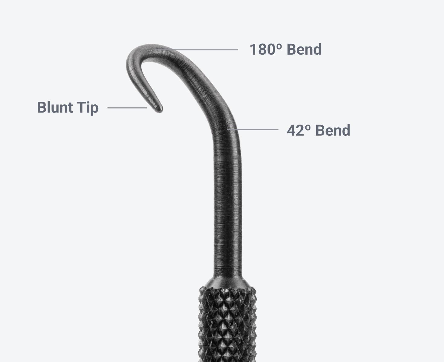 Close up view of the hook end of Tekton #PNH70000. It has 42 and 180 degree bends for a compound hook shape and a blunt tip.
