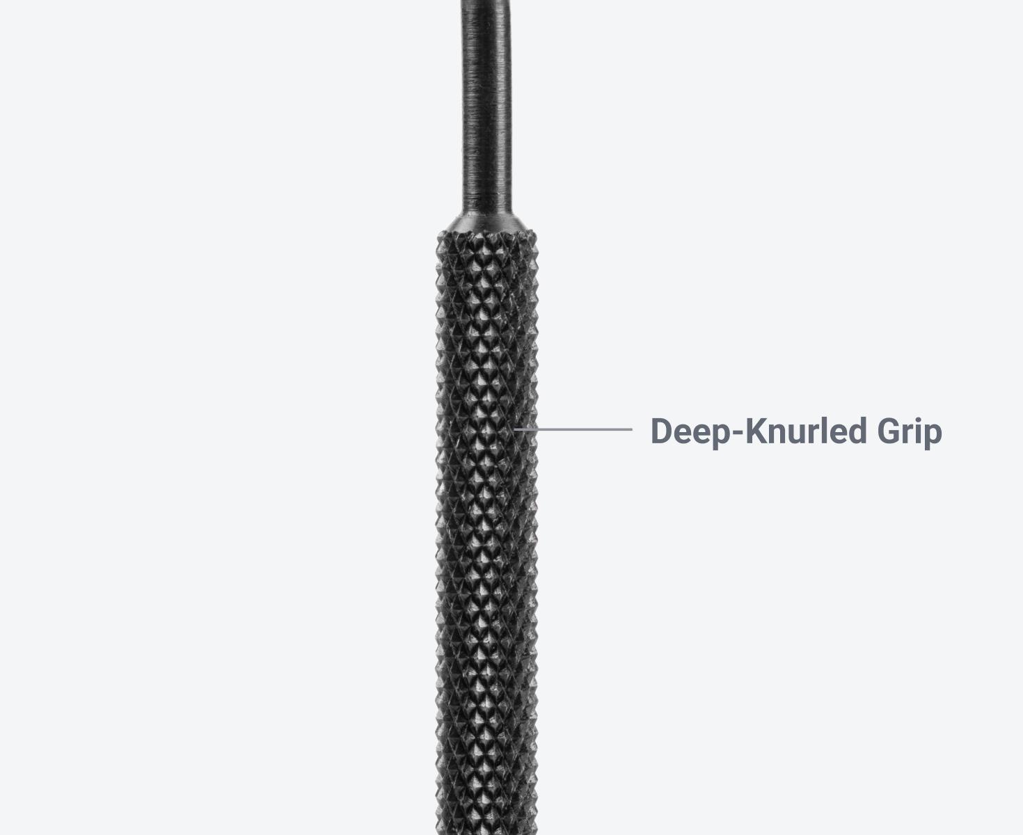 The tool has a deep knurled grip.