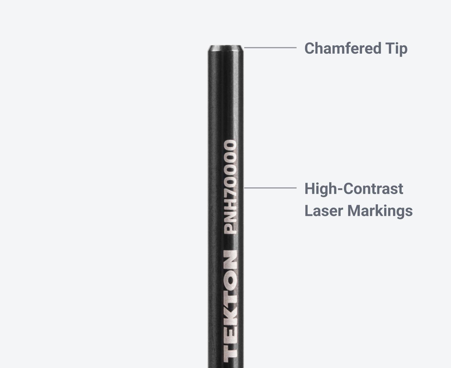 Close up view of the punch end of Tekton #PNH70000. The end has a chamfered tip and high-contrast laser markings.