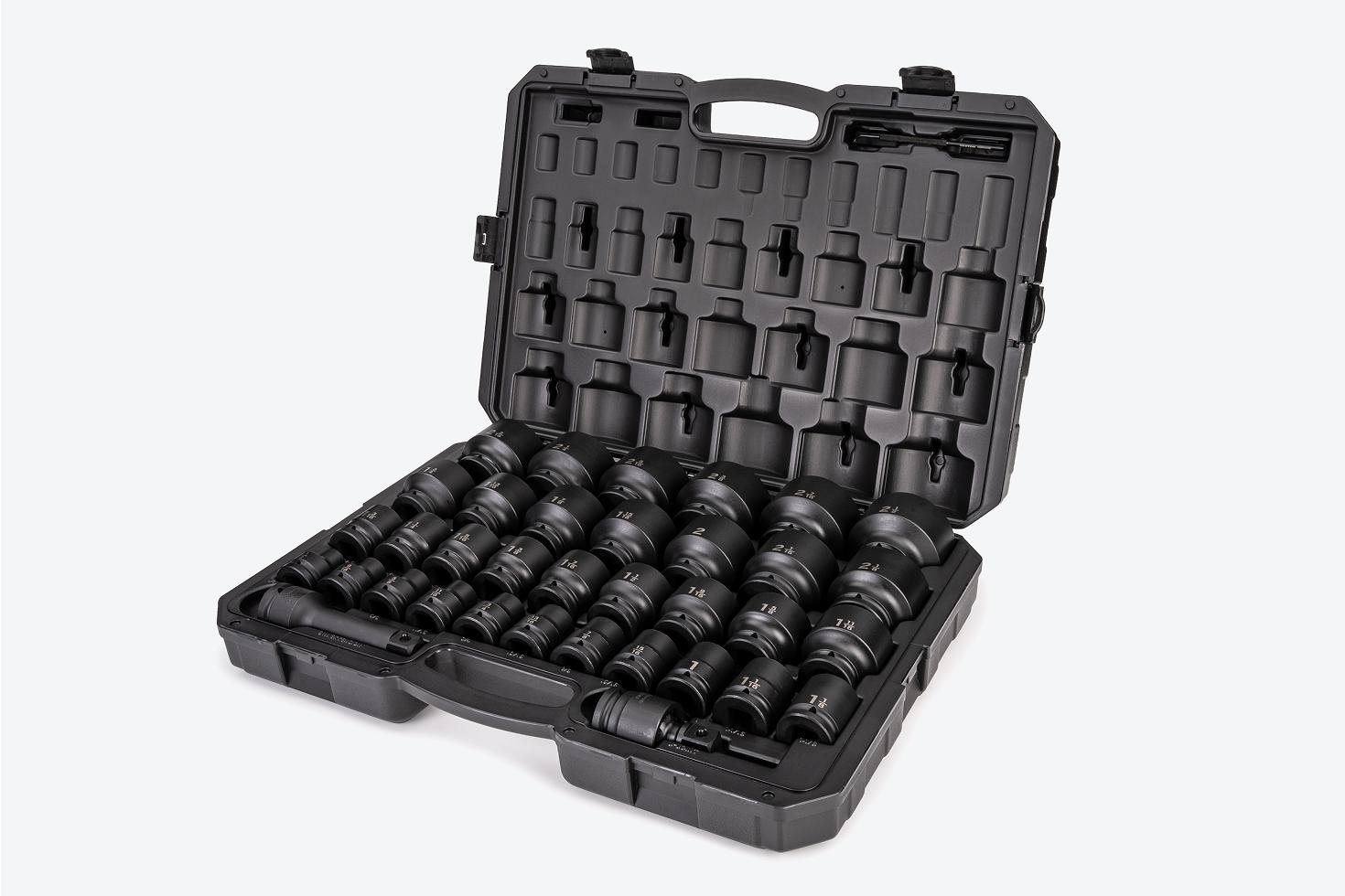Tekton #SID93408 impact socket set in an open case a light gray background.