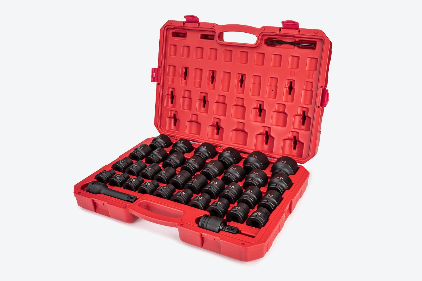 Tekton #SID93419 impact socket set in an open case a light gray background.