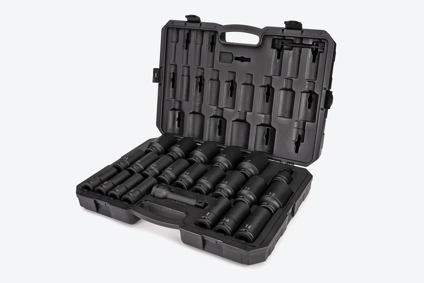 Tekton #SID93420 impact socket set in an open case a light gray background.