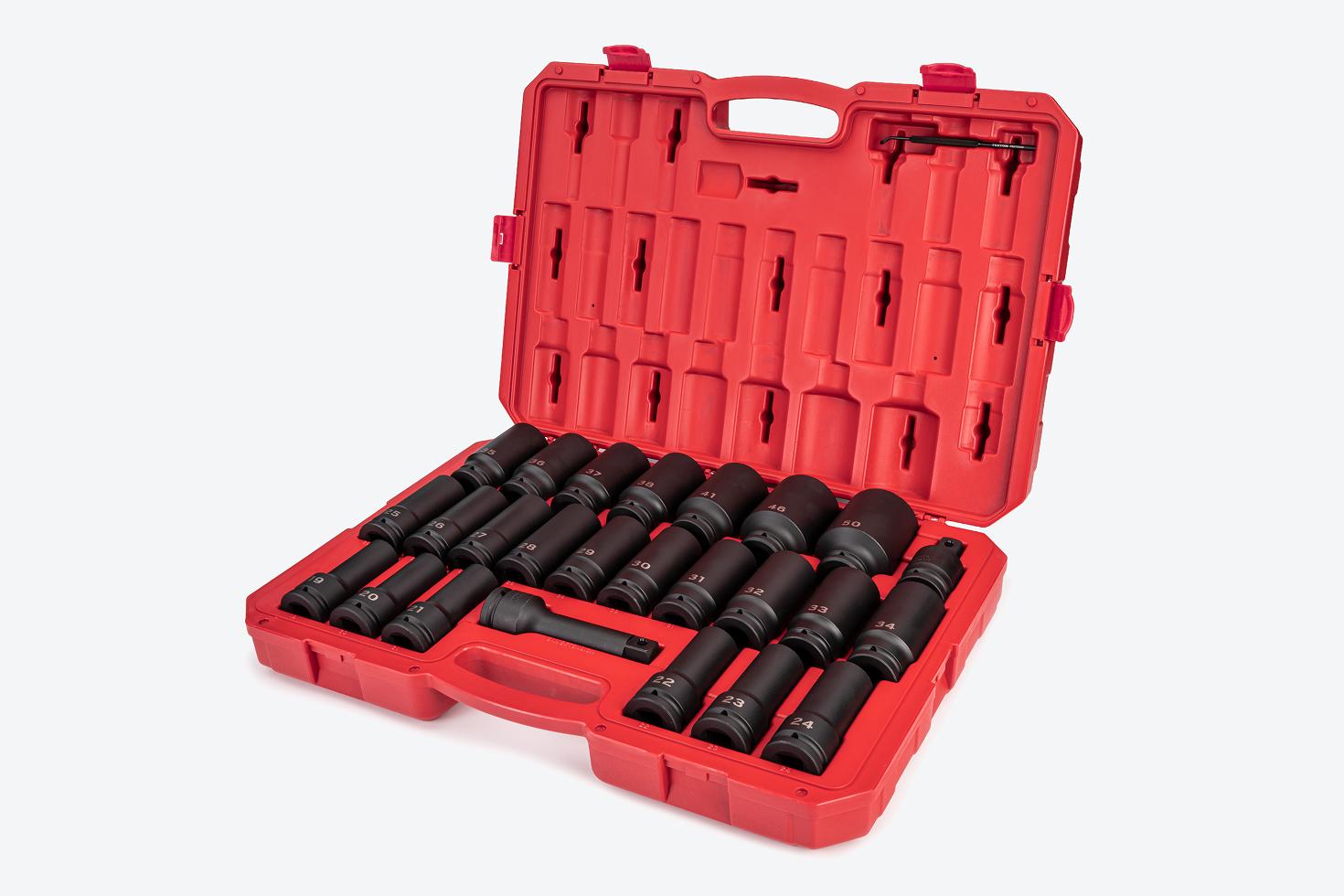 Tekton #SID93421 impact socket set in an open case a light gray background.