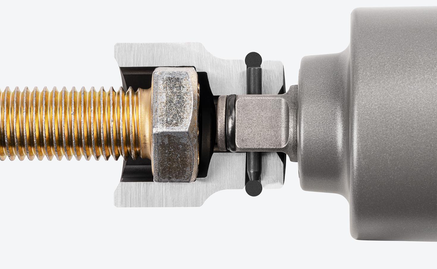 A socket cut in half with a fastener, showing how far the well extends into the socket, allowing for better engagement with fasteners.