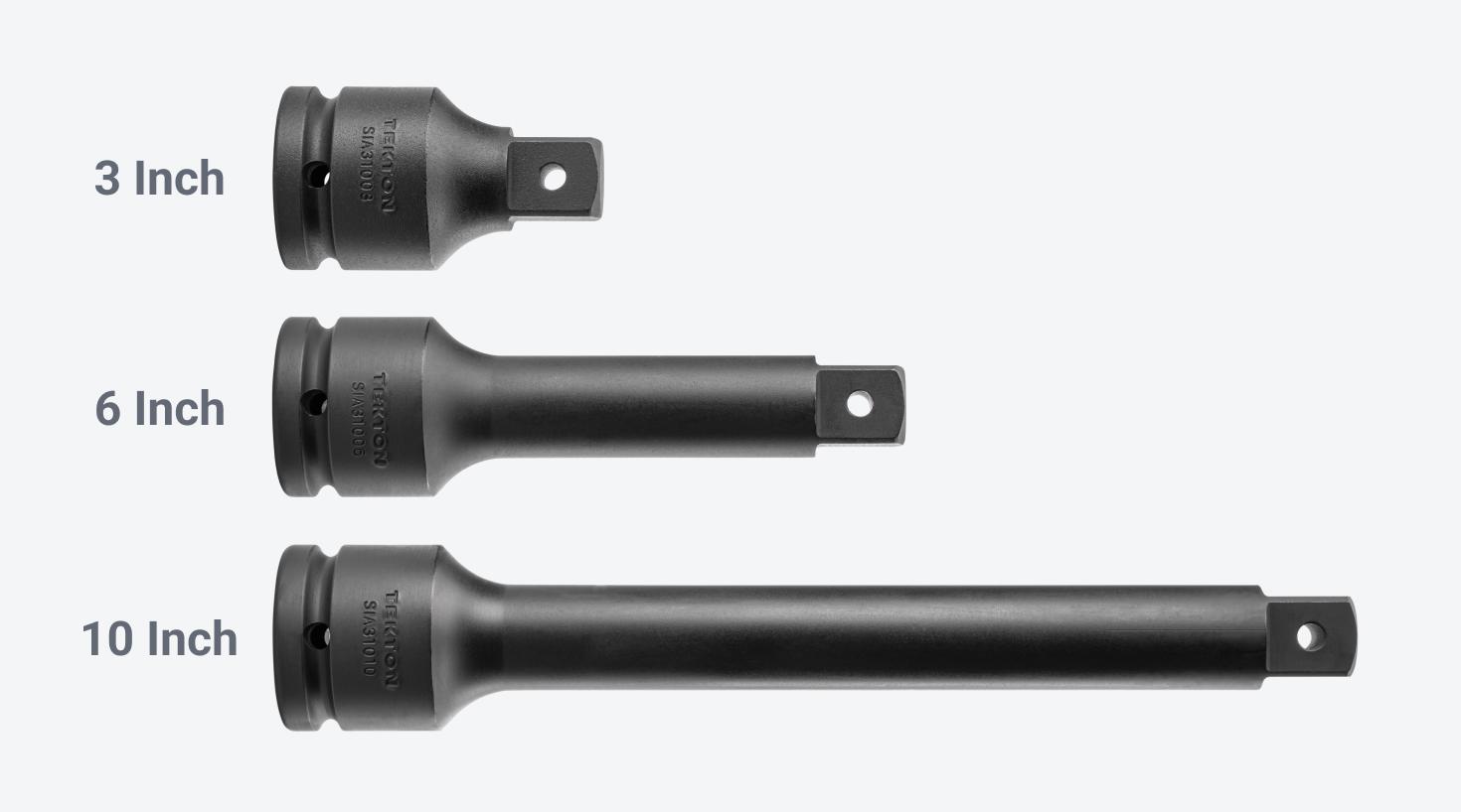 Tekton 3/4 inch drive impact extensions are available in 3 inch, 6 inch, and 10 inch lengths.