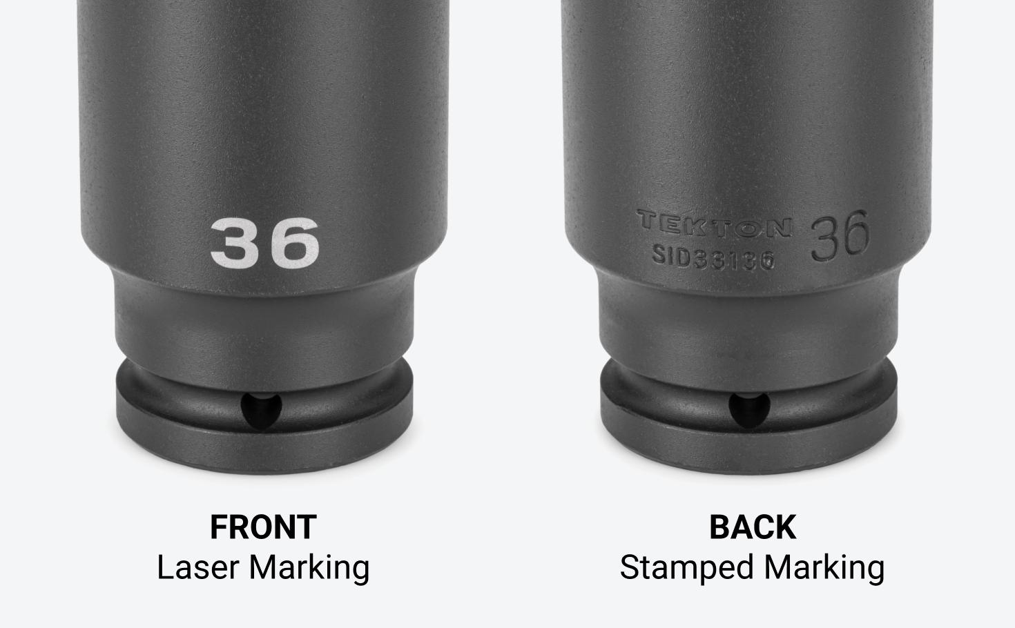 The front of the socket has laser markings, the back has stamped markings.