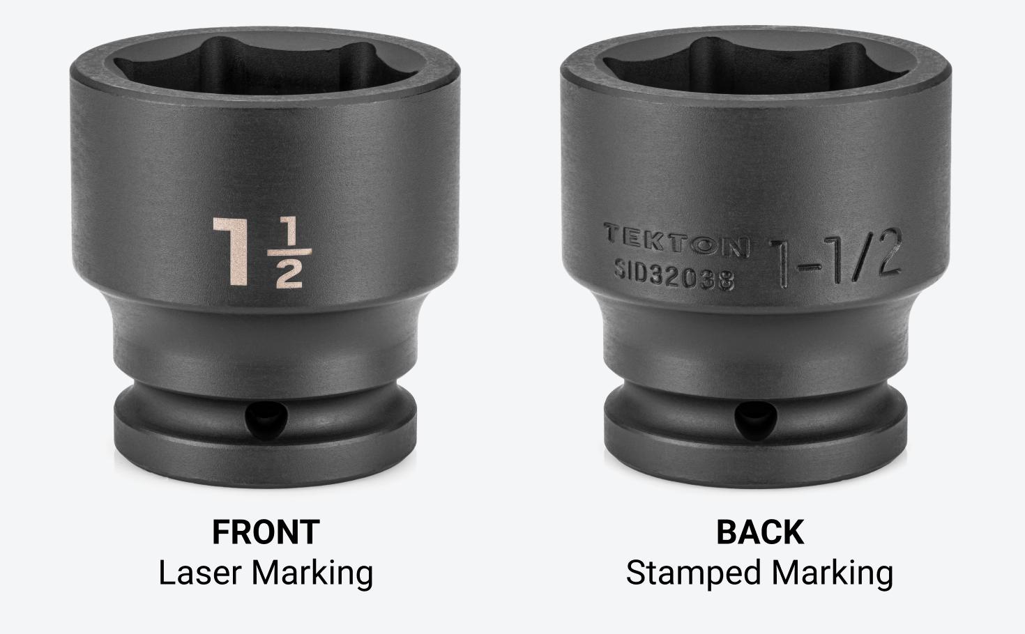 The front of the socket has laser markings, the back has stamped markings.