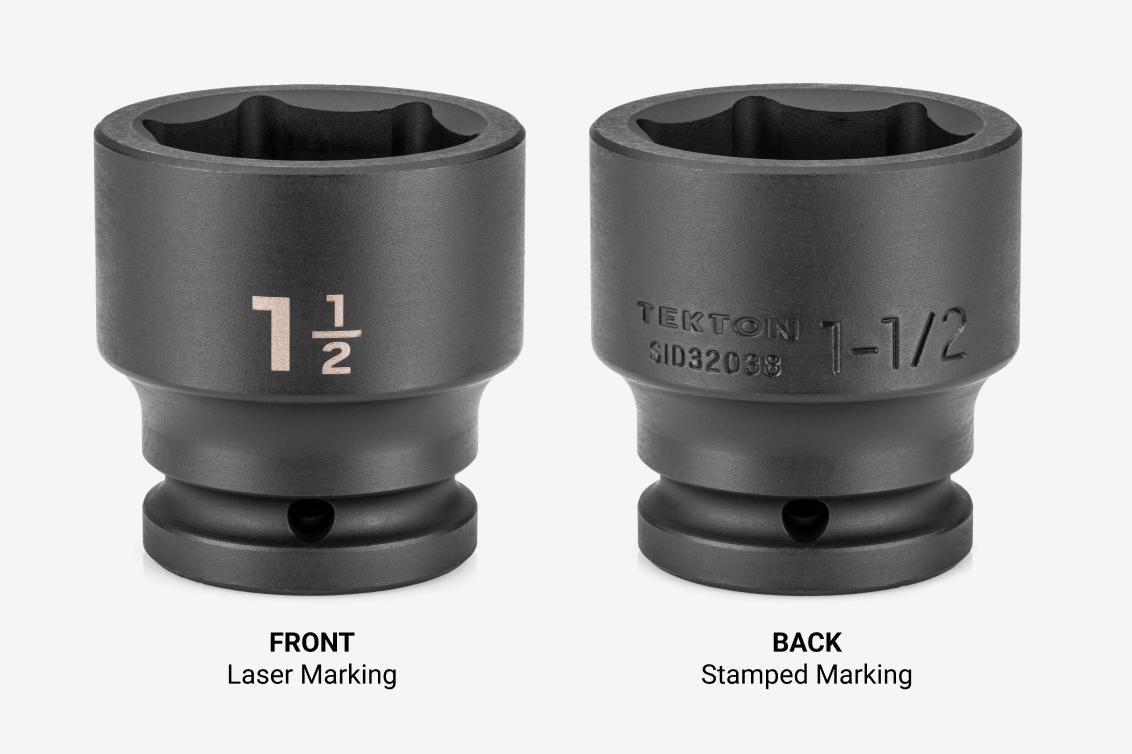 The front of the socket has laser markings, the back has stamped markings.