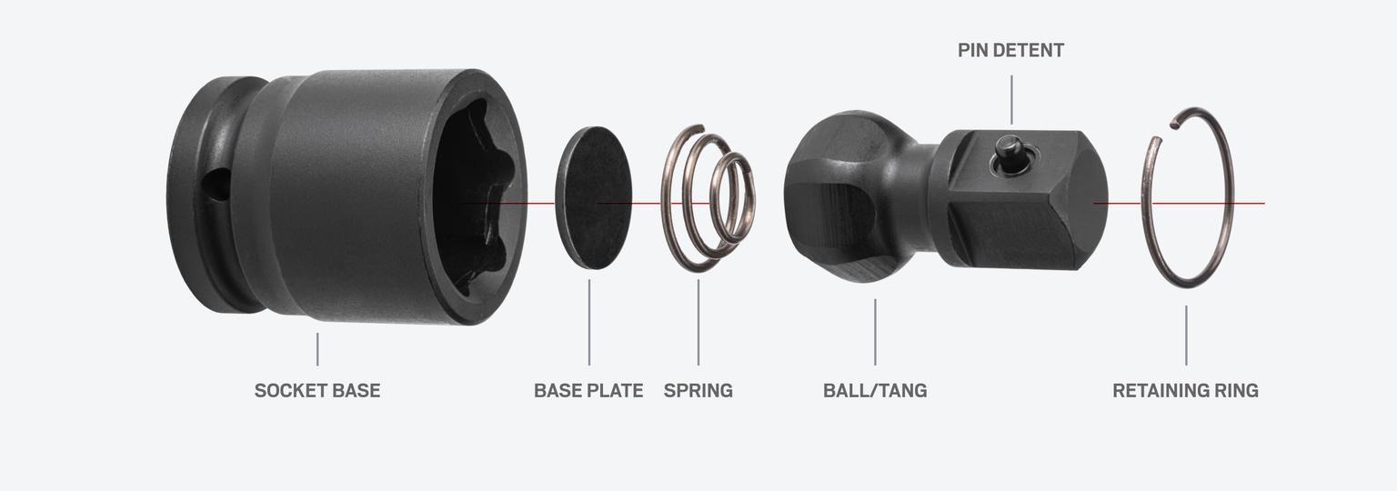Image of all of the parts of a 3/4 inch drive impact universal joint with each part labeled.