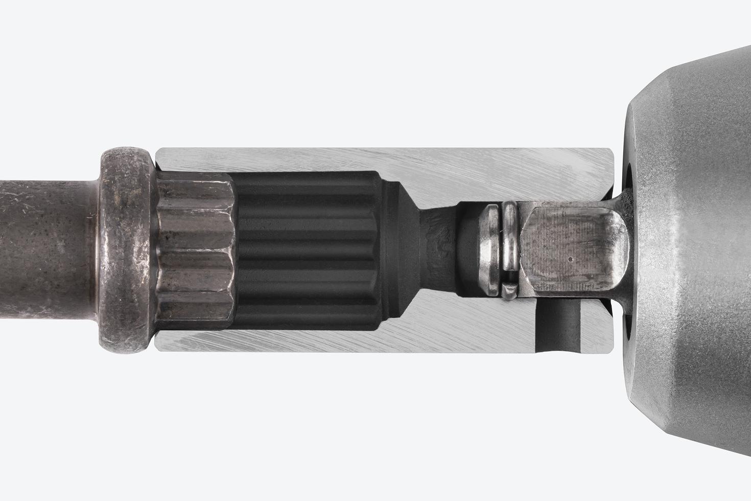 A semi-deep 12-point impact socket cut in half to show the full-length socket well
